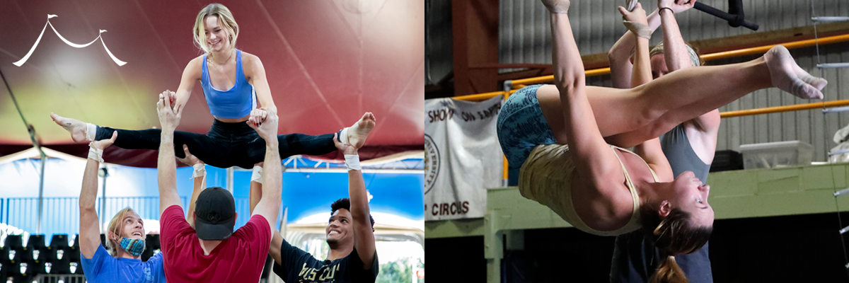 Two photos of FSU Circus students. In the first photo, three students and their coach are training on the Quartet Adagio act. In the second photo a female FSU student is demonstrating an Inverted Pike during her audition.