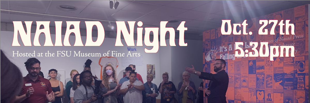 Promotional image for "Naiad Night, October 27th, 5:30 p.m." People are standing together in the museum in front of a colorful exhibit, smiling and having fun.