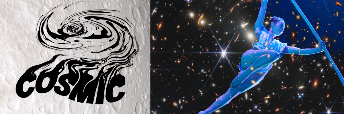 An aerialist cast in blue light is shown flying through the universe on the Spanish Web.