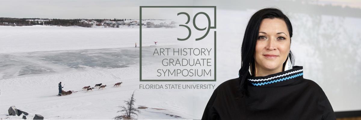 Logo for the 39th annual Art History Graduate Symposium and a headshot of speaker Heather Igloliorte