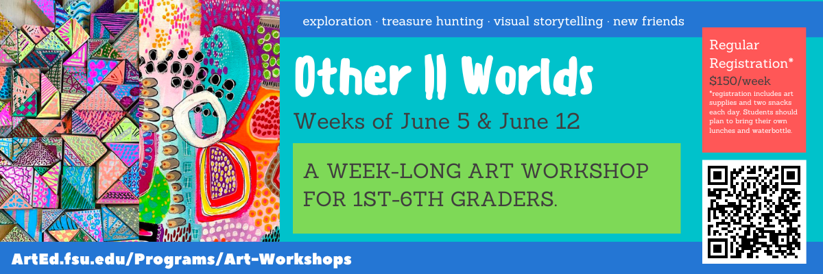 A decorative flyer advertises Art Education Summer Workshop. It is colorful and features a QR code you can scan to join. 