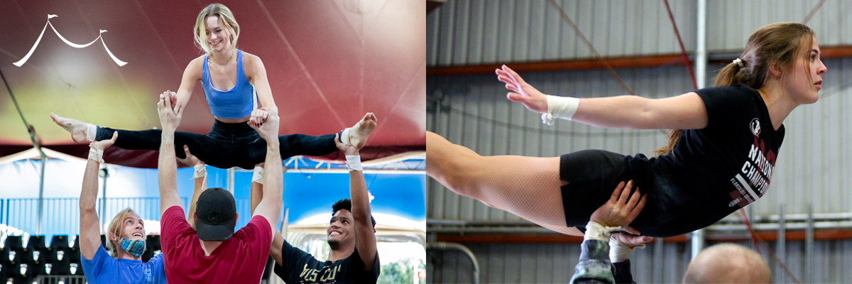 o photos of FSU Circus students. In the first photo, three students and their coach are training on the Quartet Adagio act. In the second photo a female FSU student is demonstrating an Inverted Pike during her audition.