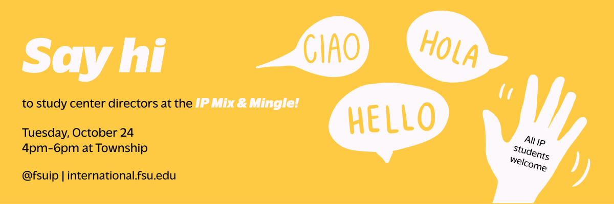 Hand waving with text "Say hi to study center directors at the IP Mix & Mingle! Tuesday October 24 4pm-6pm at Township