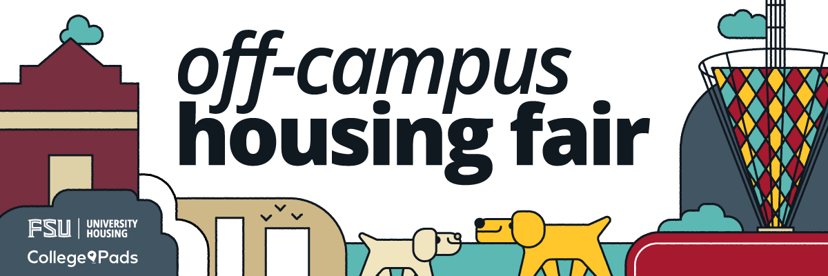 Off-Campus Housing Fair, University Housing, College Pads. Illustration of two dogs and colorful blocks.