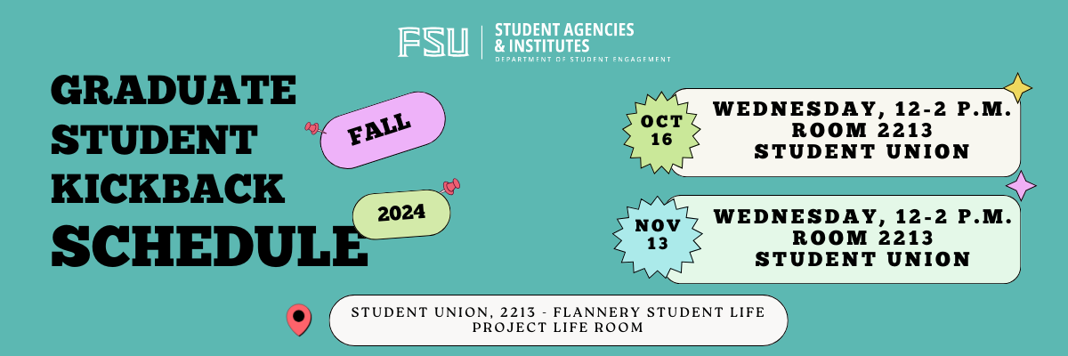 A teal background with text that reads "Graduate Student Kickback"