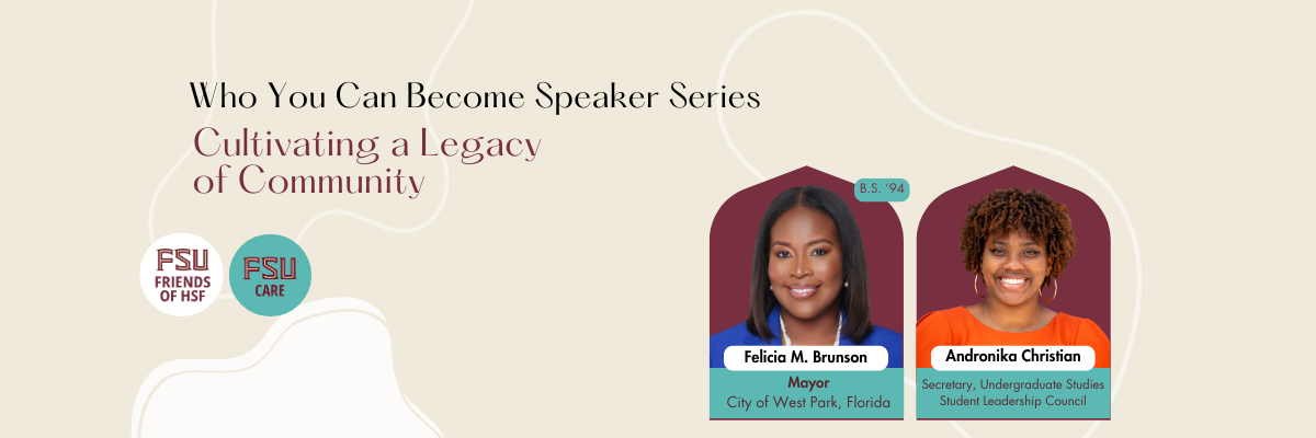 Photo of two speakers with the title of the webinar, Who You Can Become - Cultivating a Legacy of Community