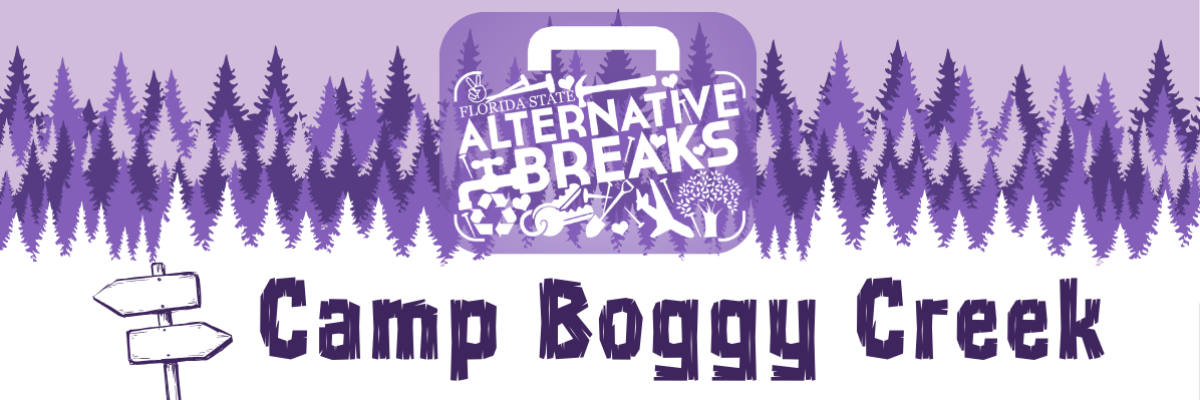 Florida State Alternative Breaks design over purple-hued treelines and Camp Boggy Creek in rustic font.