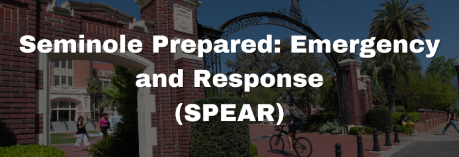 Text overlaid on photograph of the Westcott gate. Text reads, Seminole Prepared: Emergency and Response (SPEAR). Logos for Training and Organizational Development and Emergency Management.