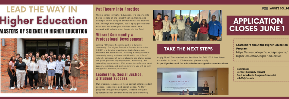 Promotional flyer for the Master of Science in Higher Education program at Florida State University (FSU), part of the FSU College of Education, Health, and Human Sciences (Anne's College). The flyer is titled “Lead the Way in Higher Education” and features two group photos of diverse students.