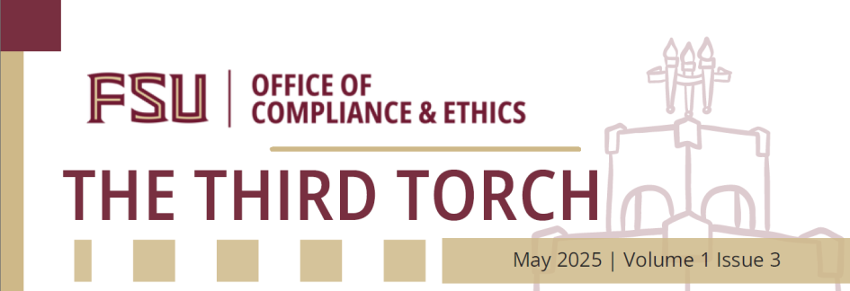 The FSU Office of Compliance and Ethics logo above the title "The Third Torch" next to an image of the Heritage Fountain in FSU garnet and gold
