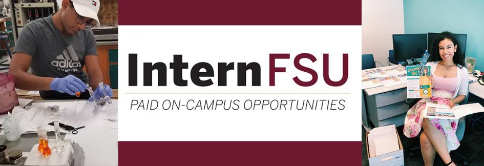 two student interns in each corner and Internsfu in the middle of the banner